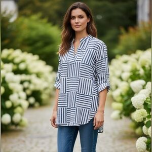 LIOR PARIS Frida Blue & White Striped Banded Collar Tunic Blouse. Size S